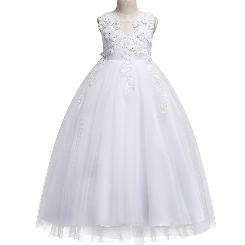 IWEMEK Lace Flower Girls Bridesmaid Wedding Party Birthday Princess Pageant Formal Tulle Long Dress Ball Gown Baby Kids 5-14T White 11-12 Years - Image 3